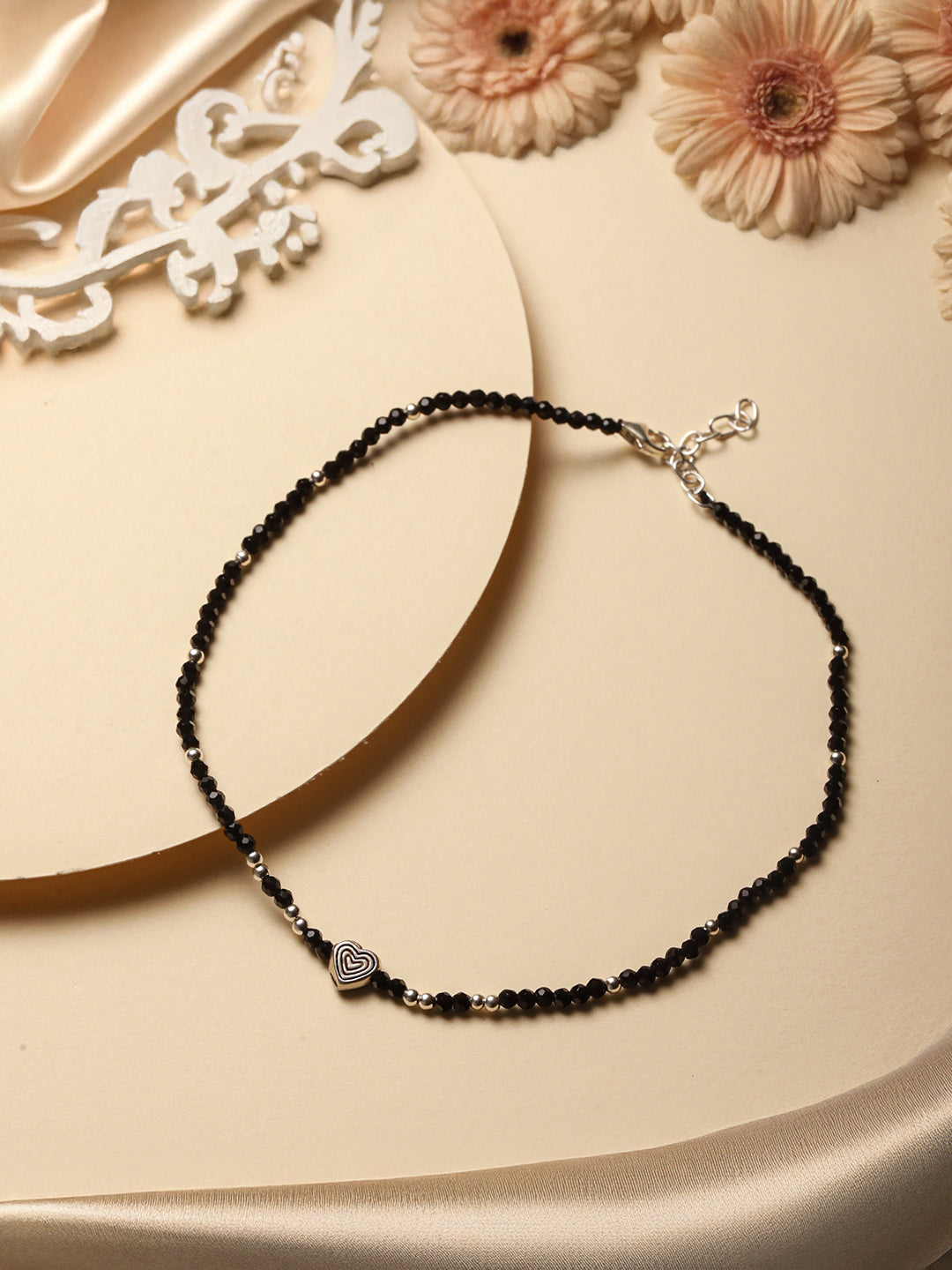 925 Sterling Silver Black Beads Heart Shaped Charms Payal Anklet